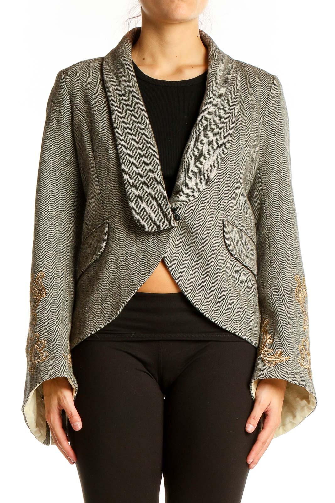 Gray Embroidered Wool Blend Blazer Front