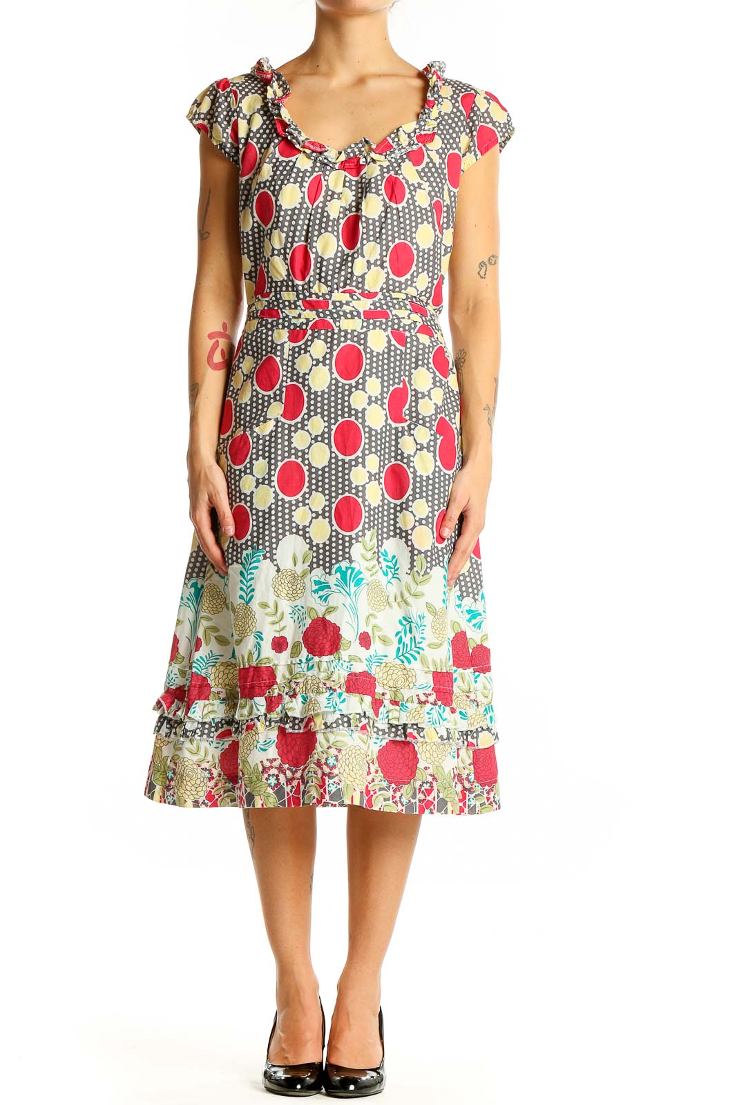 Multicolor Polka Dot Floral Midi Dress Front