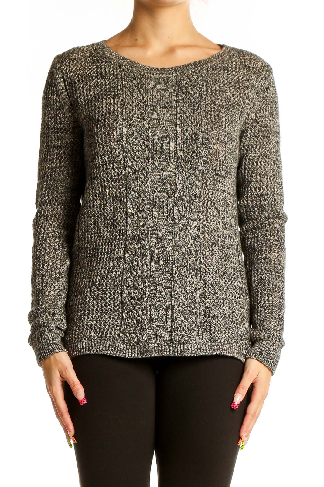 Gray Marled Cable Knit Sweater Front