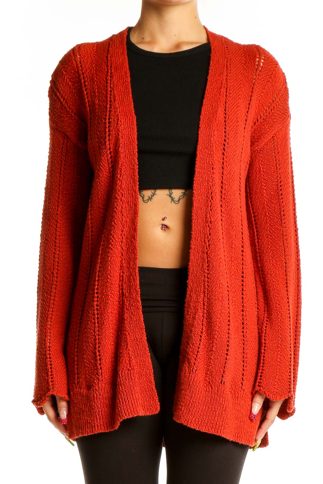 Red Knit Open Front Cardigan Front