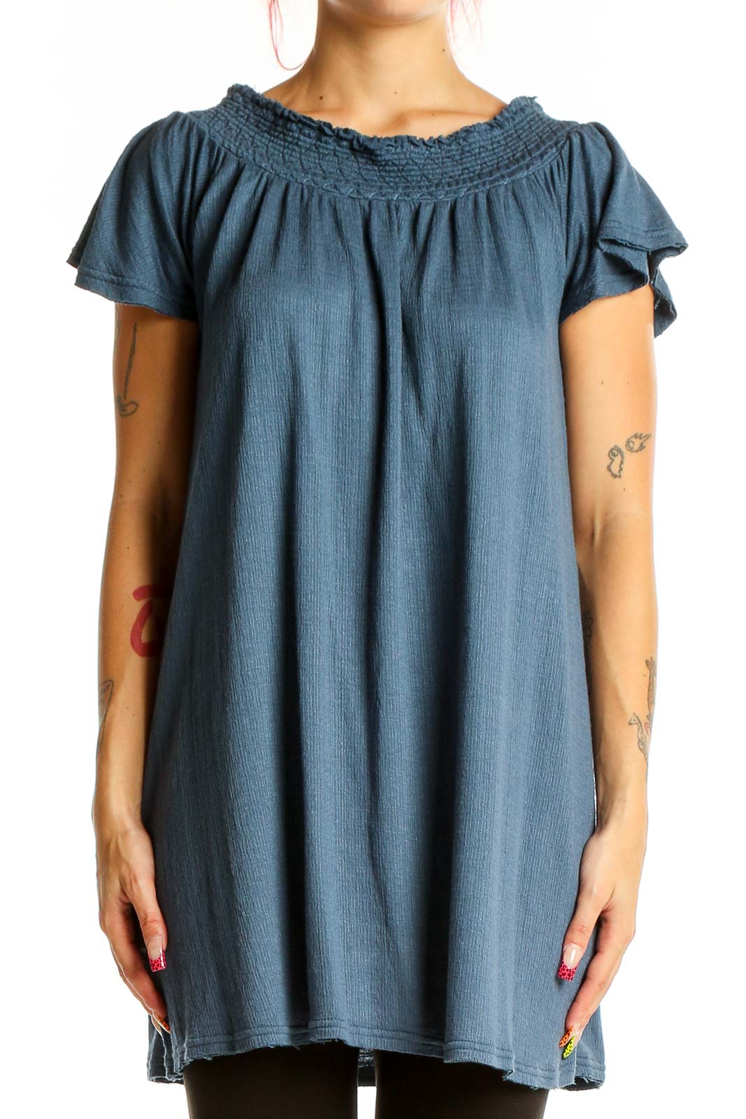 Blue Flowy Off-Shoulder Mini Dress Front