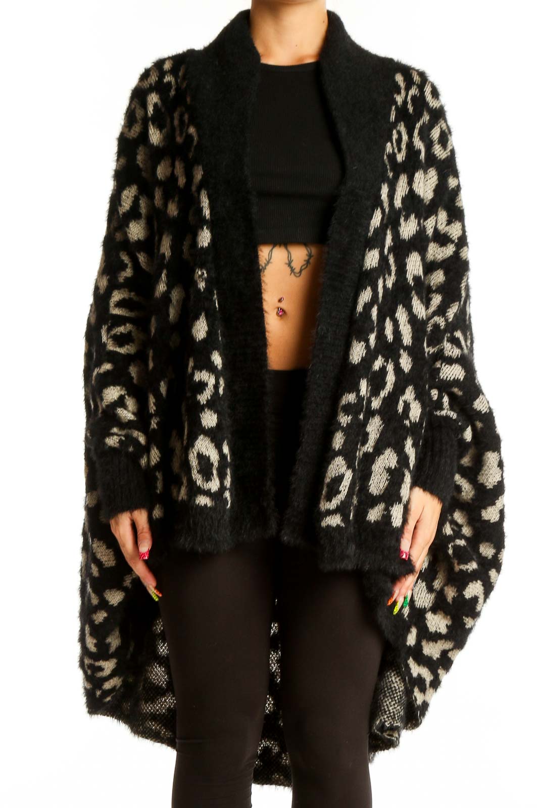 Black Animal Print Cardigan Front