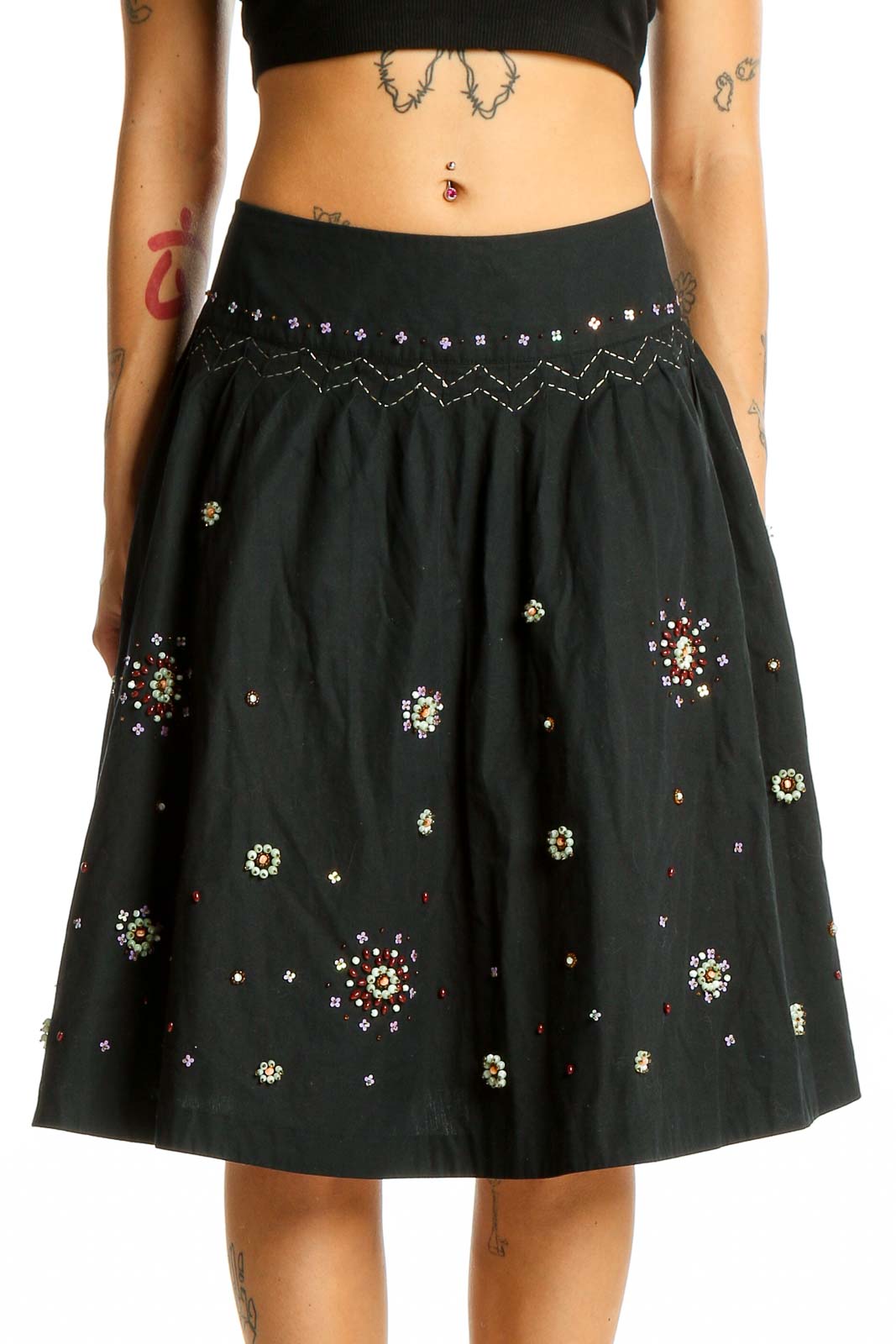 Black Embellished Cotton A-Line Skirt Front