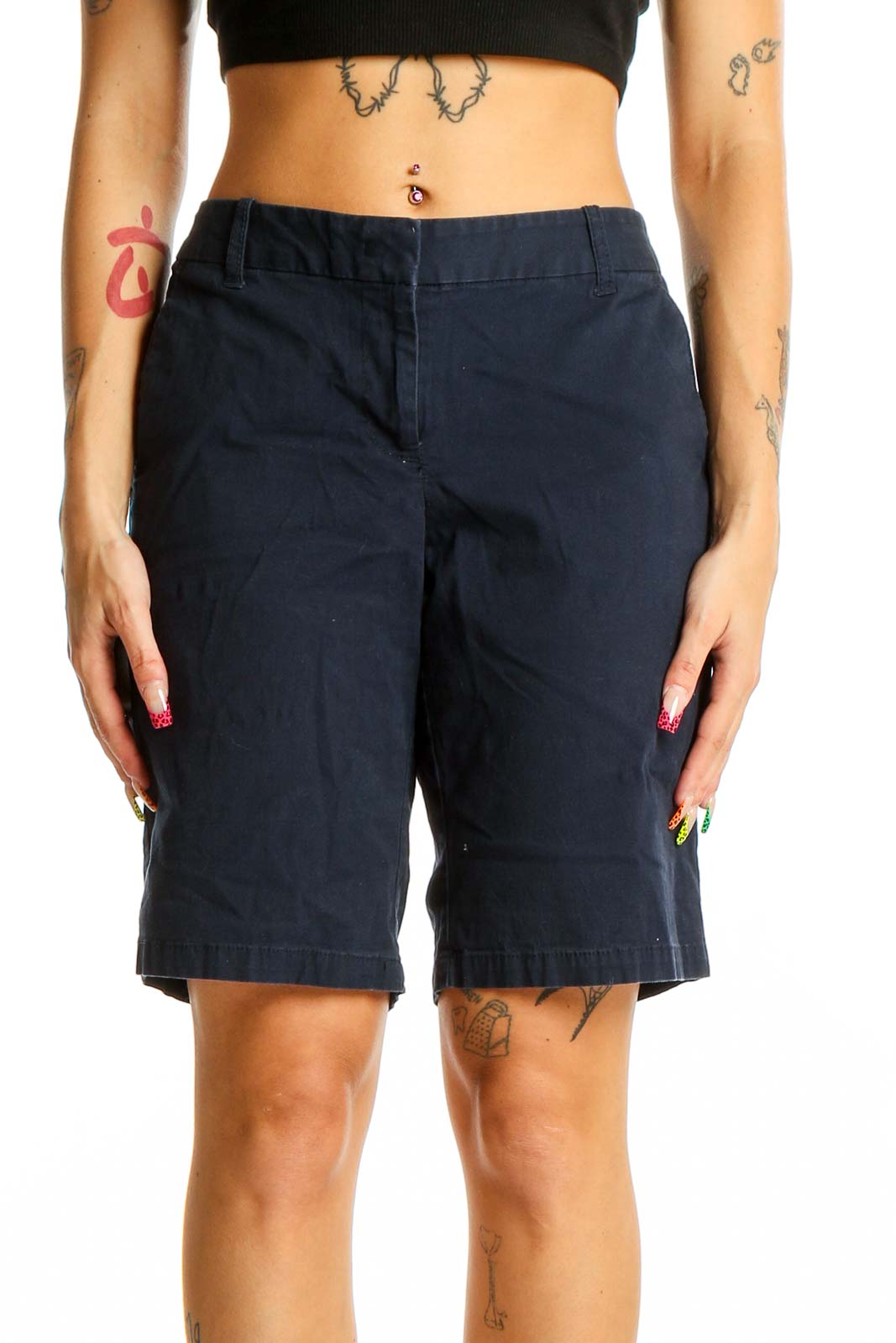 Navy Cotton-Blend Bermuda Shorts Front