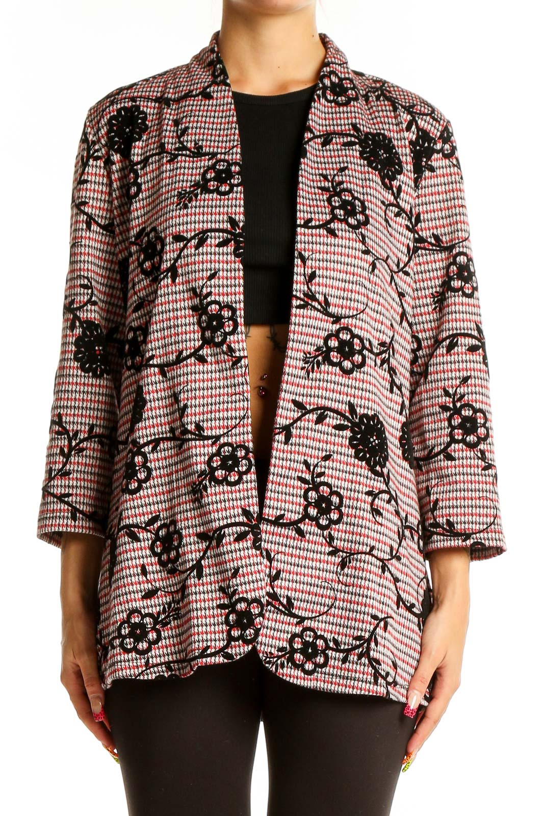 Pink Floral Houndstooth Open Front Jacket Front