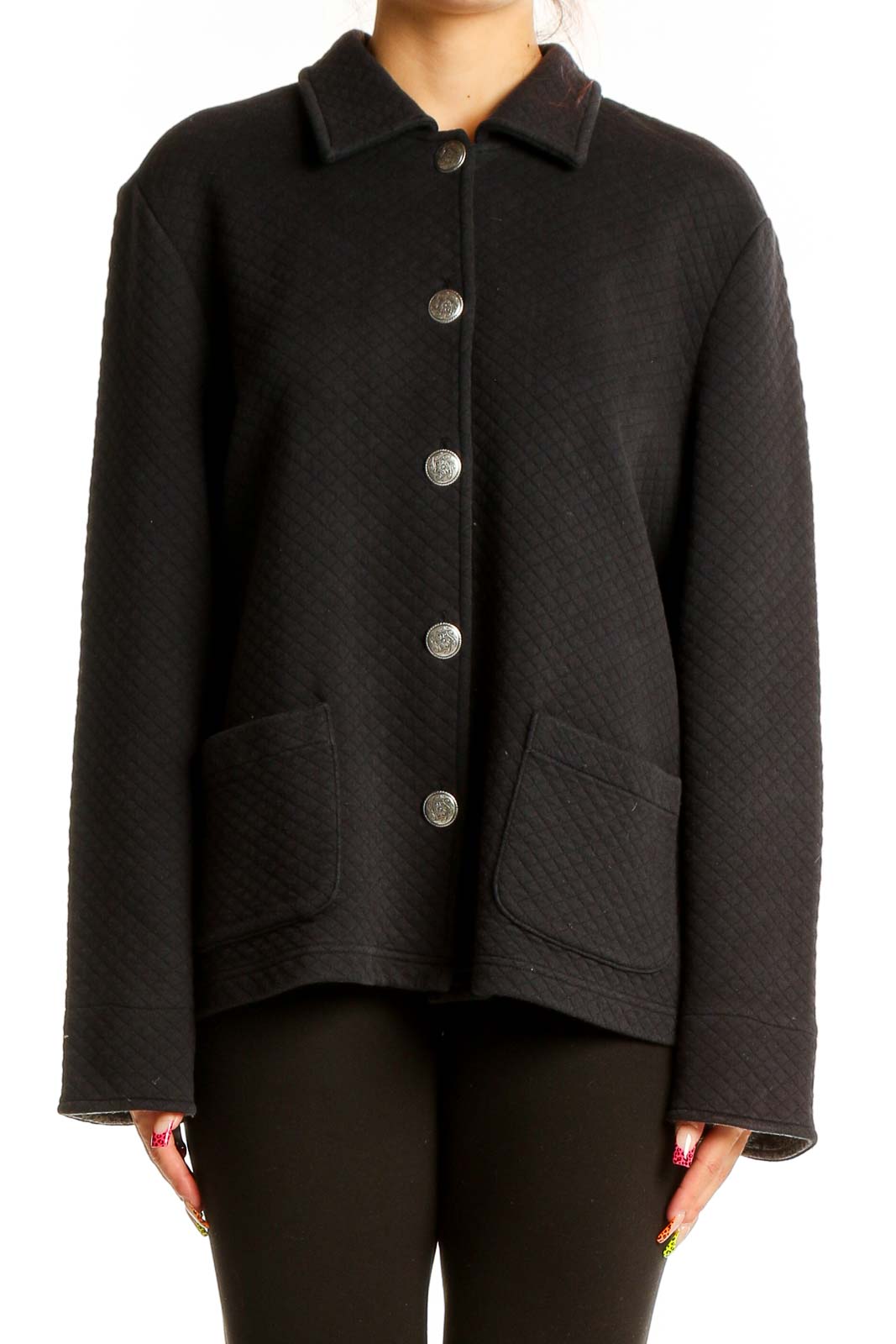 Black Quilted Button-Up Jacket Front