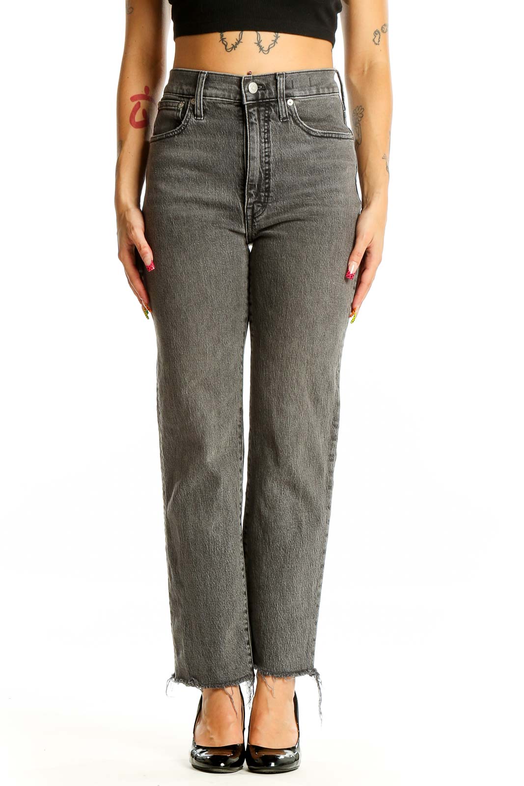 Gray High-Rise Straight-Leg Denim Jeans Front
