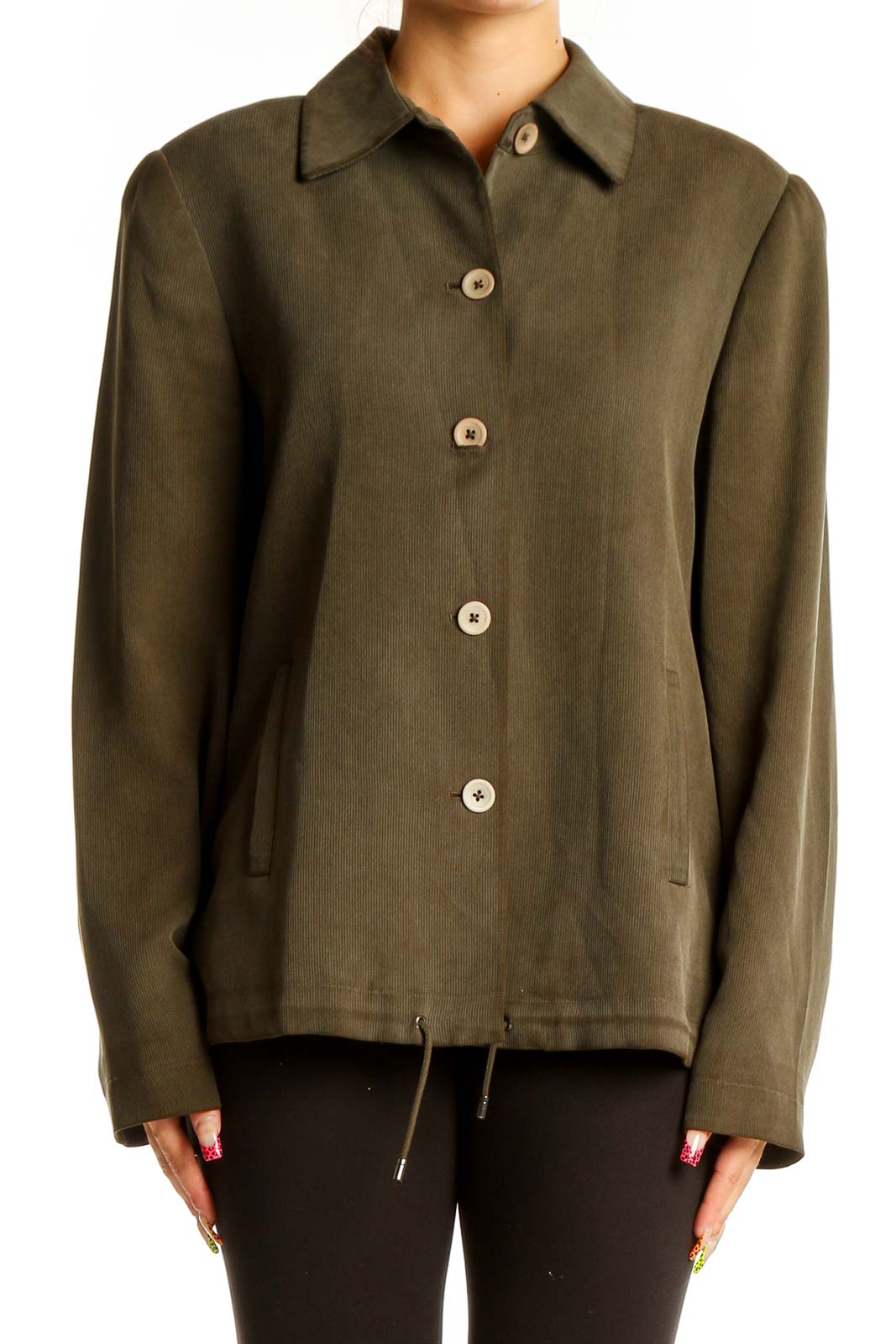 Olive Button-Front Silk Blend Jacket Front