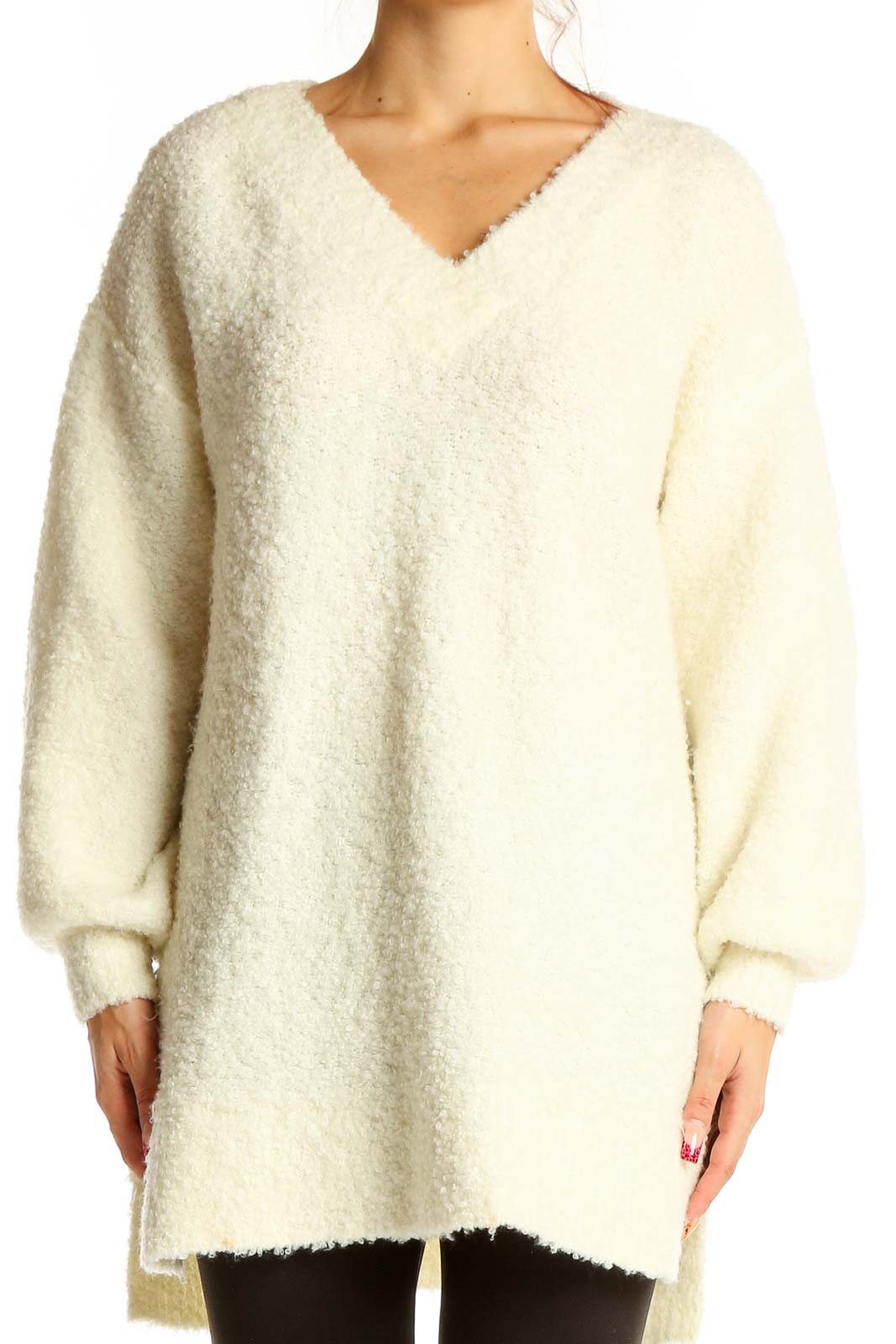 Cream Oversized V-Neck Fuzzy Sweater Front