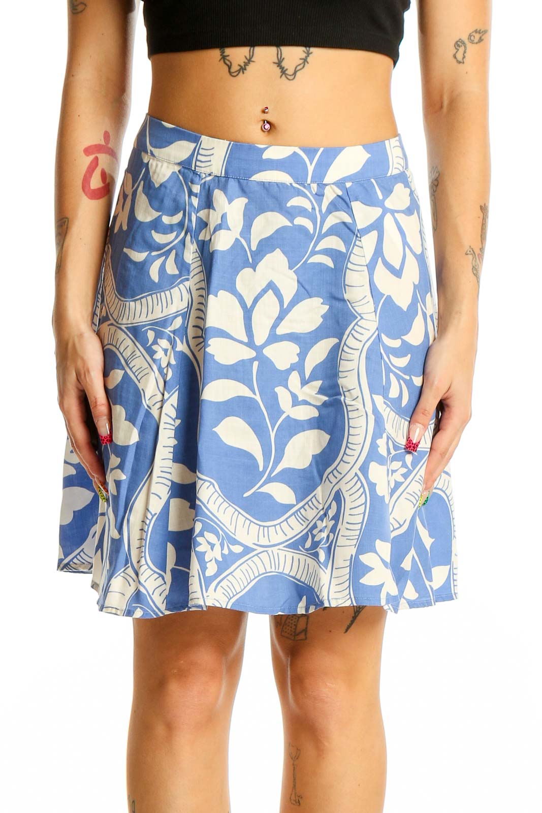 Blue Floral A-Line Skirt Front