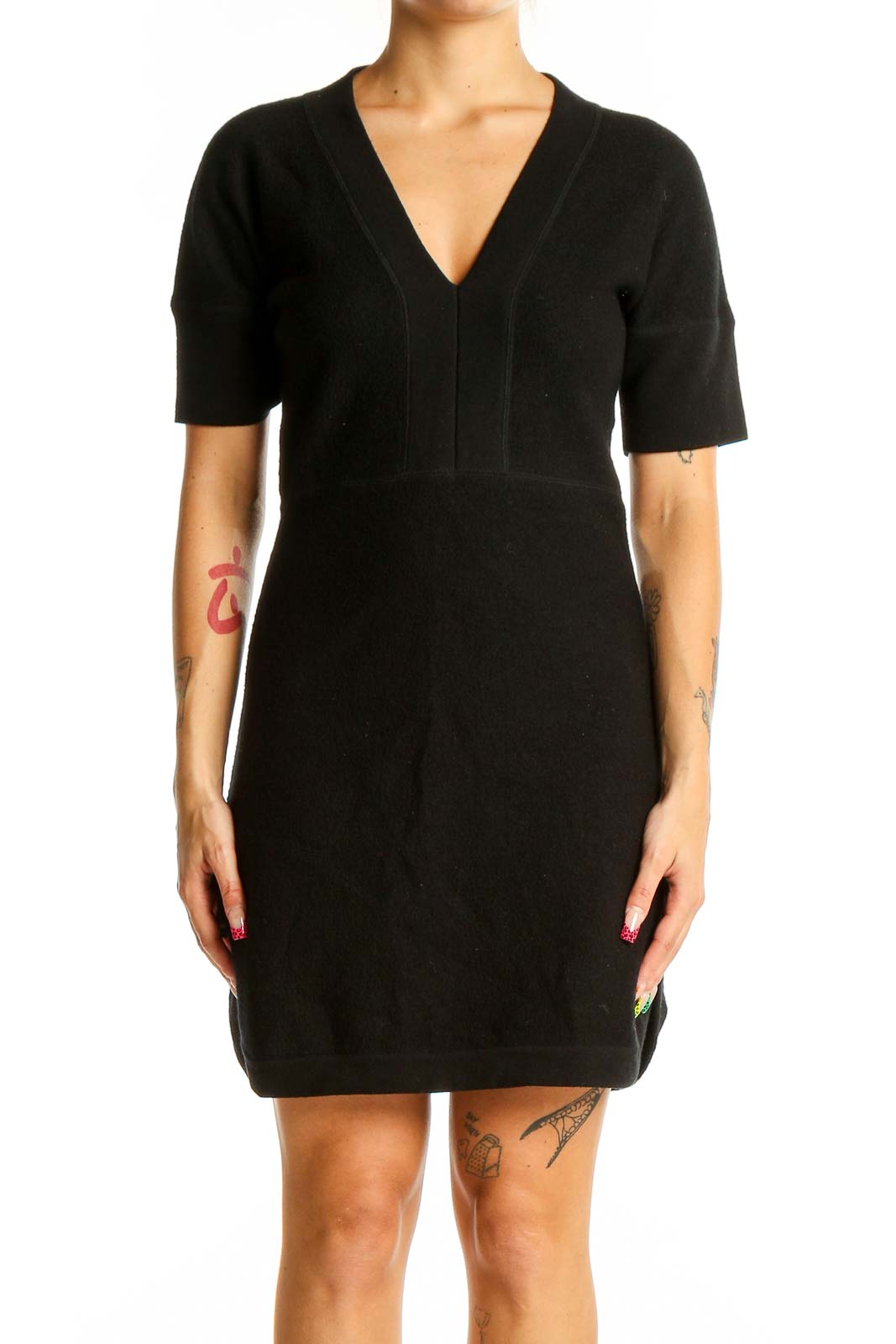 Black V-Neck Short Sleeve Wool Dress Front