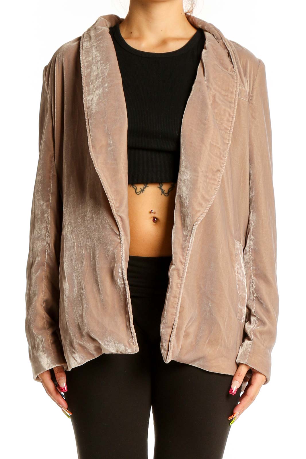 Beige Velvet Open Front Jacket Front