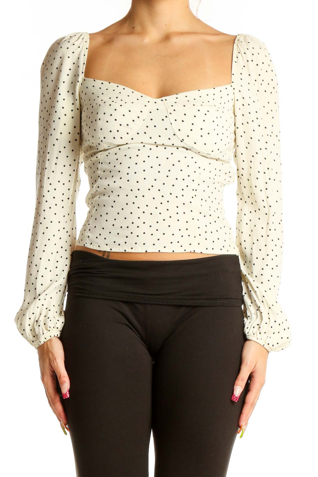 Cream Polka Dot Puff Sleeve Crop Top Front