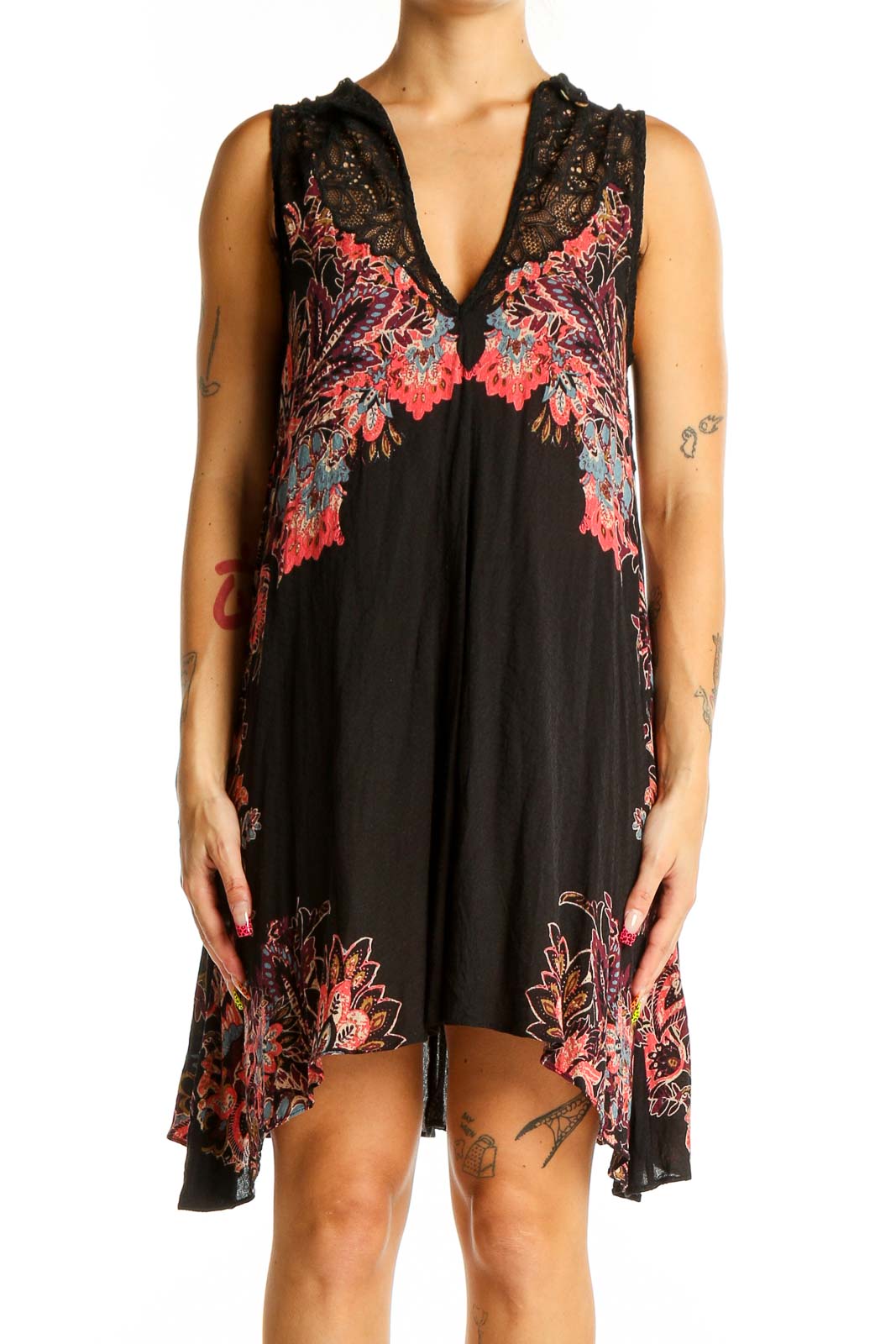 Black Pink Floral Bohemian Dress Front