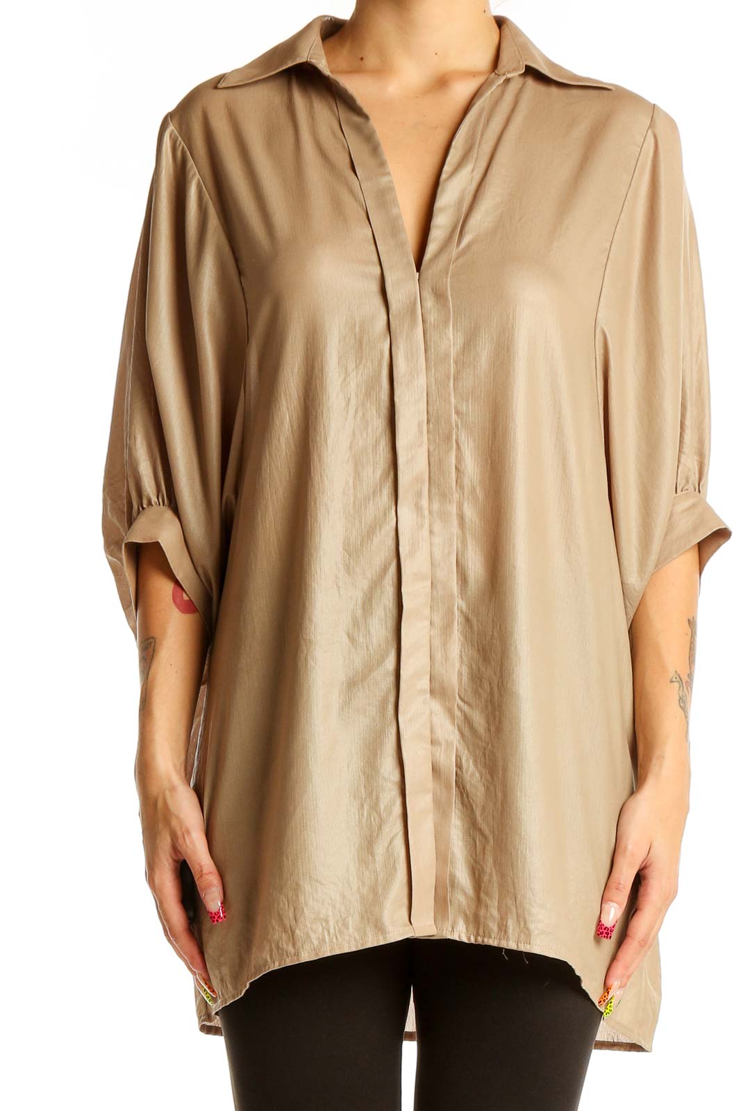 Beige Oversized Button-Down Blouse Front