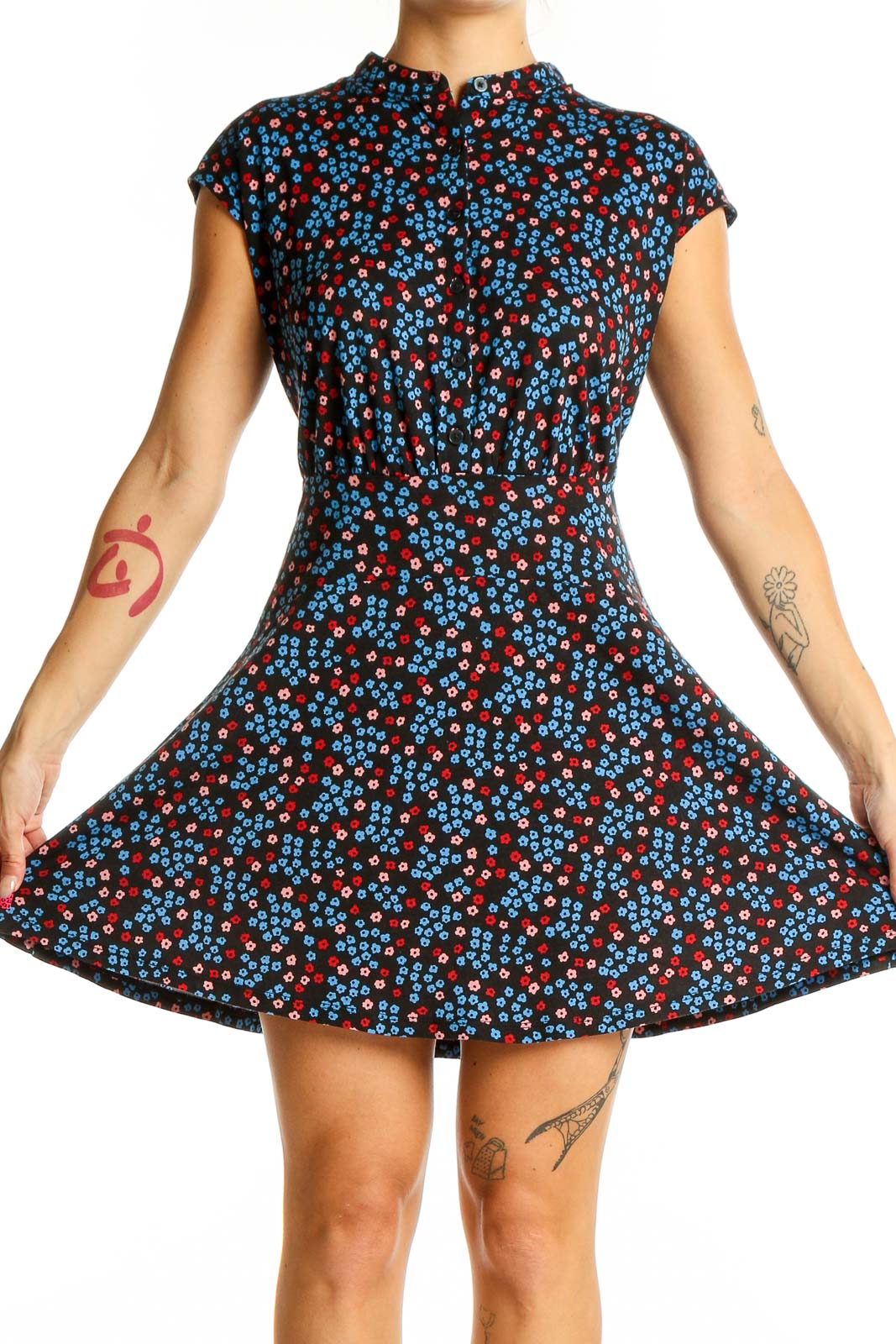 Blue and Red Floral Print Mini Dress Front