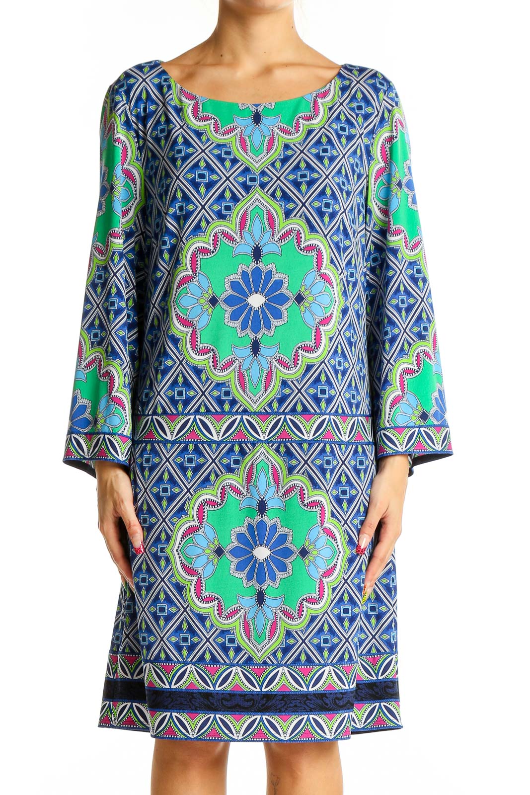 Blue and Green Geometric Print Shift Dress Front