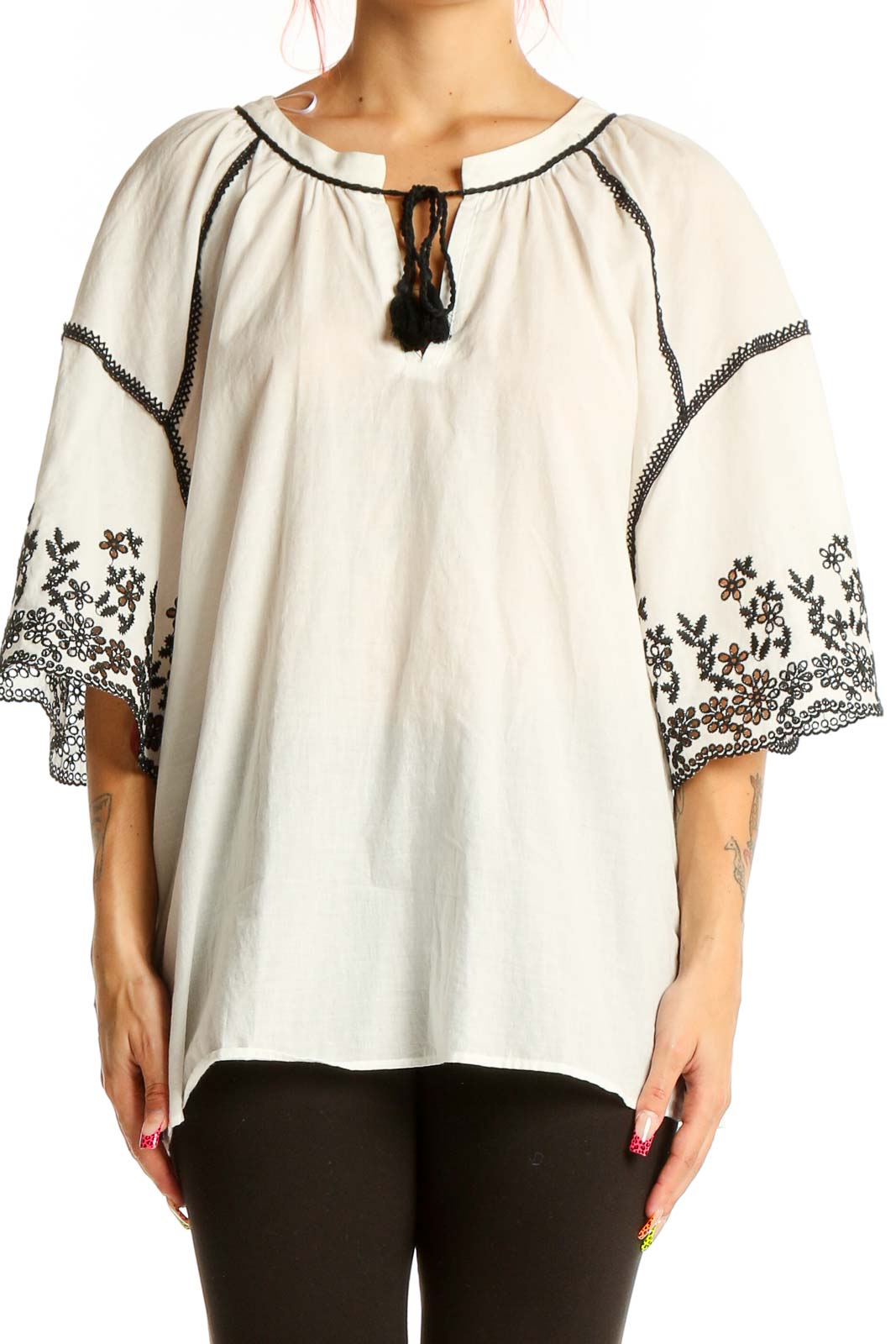 White Embroidered Cotton Peasant Top Front