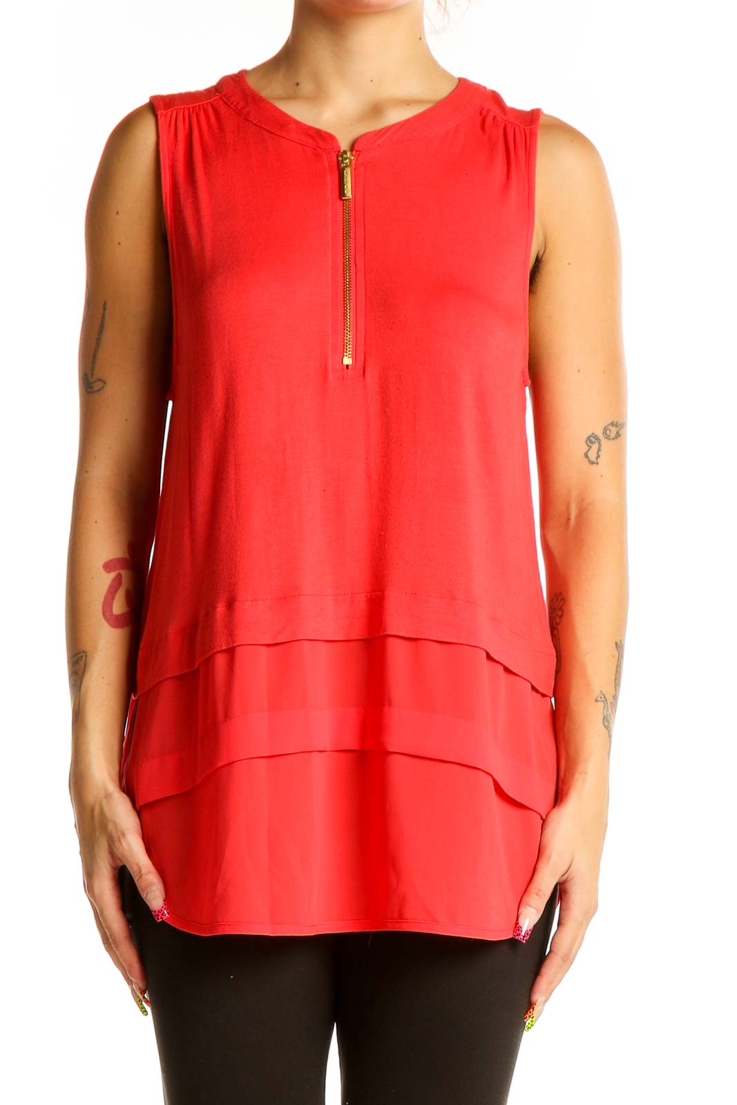 Red Sleeveless Layered Zip-Front Top Front