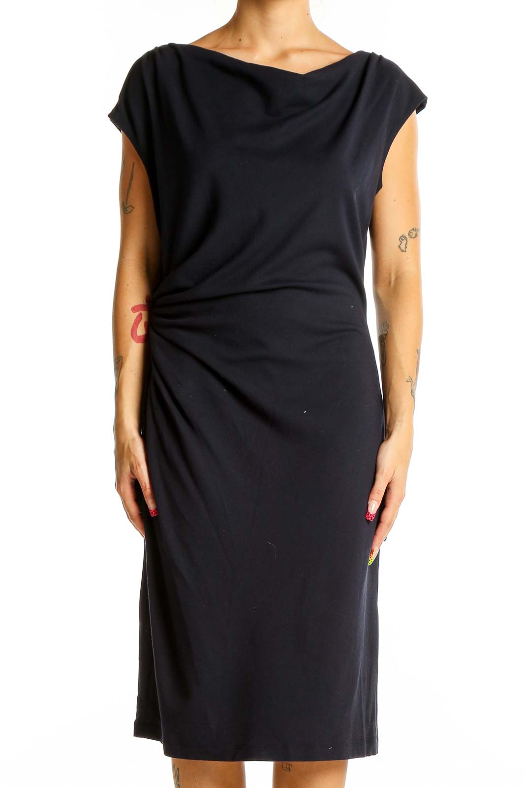 Black Elegant Draped Midi Dress Front