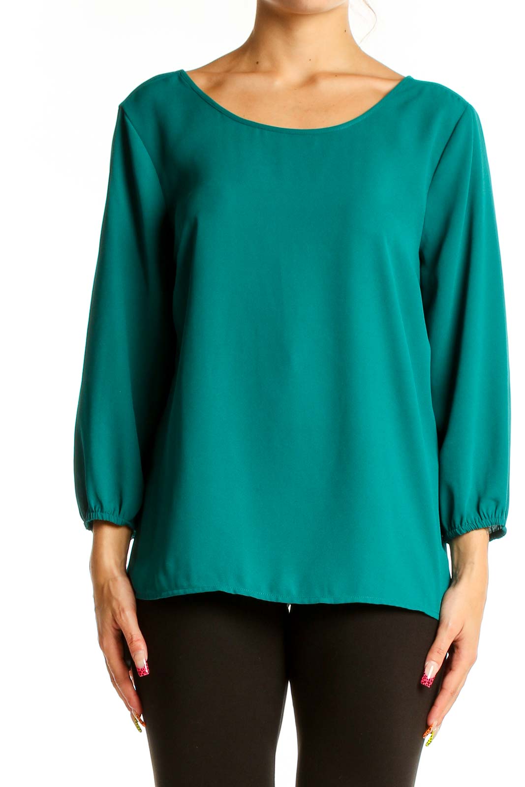 Teal Elegant Bow-Back Blouse Front