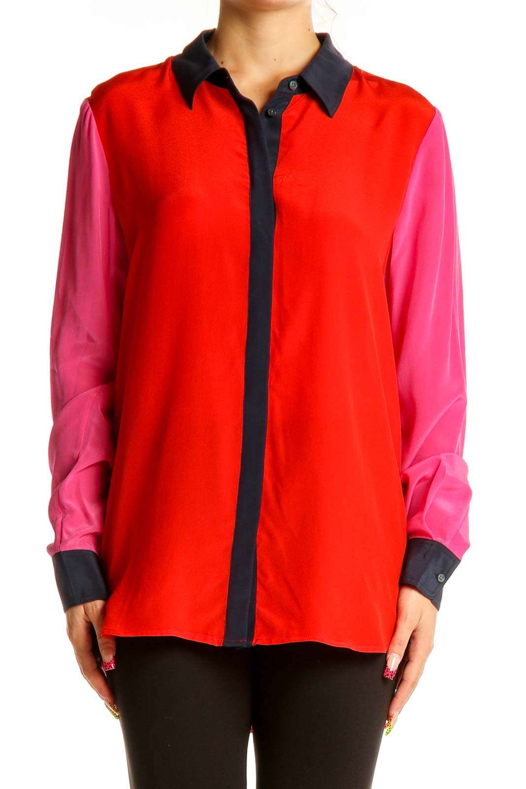 Red and Pink Color-Block Silk Blouse Front