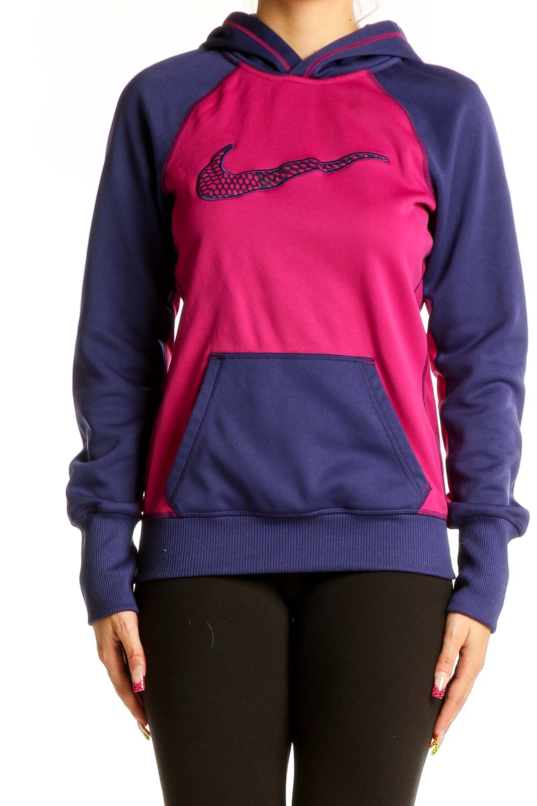 Pink and Navy Colorblock Hooded Sweatshirt Front