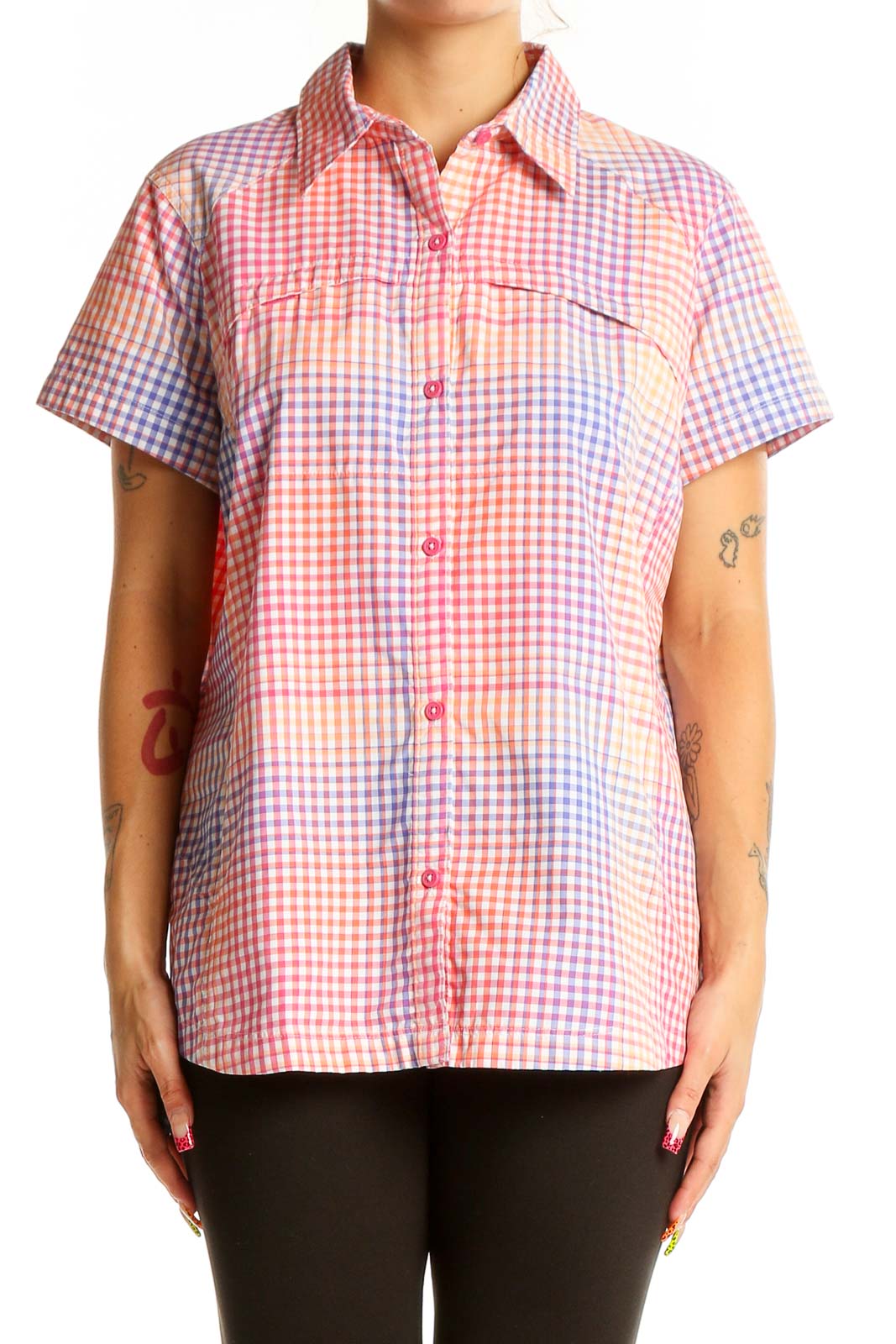 Multicolor Gingham Short Sleeve Button-Up Shirt Front