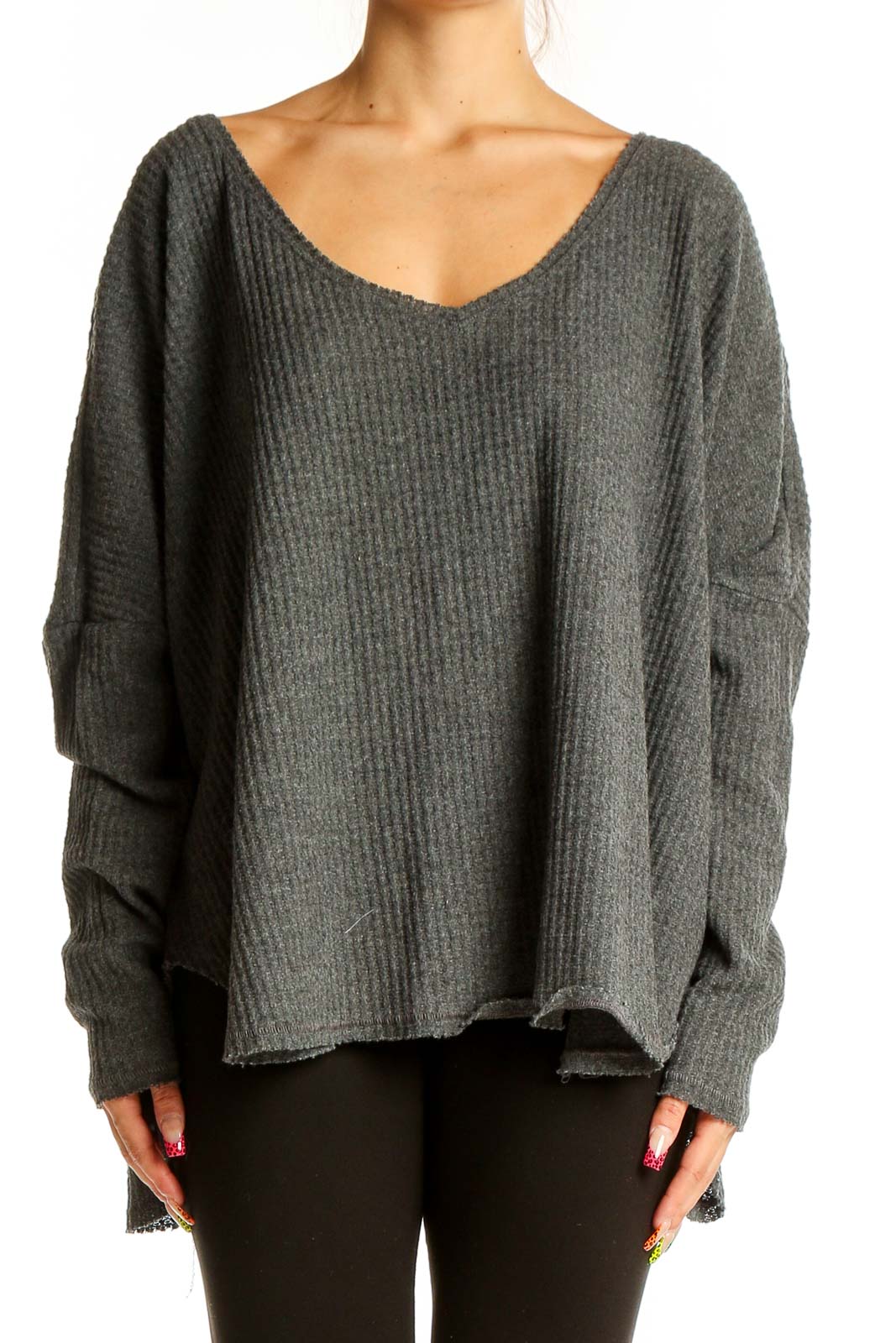 Gray Oversized Ribbed Knit Sweater Front