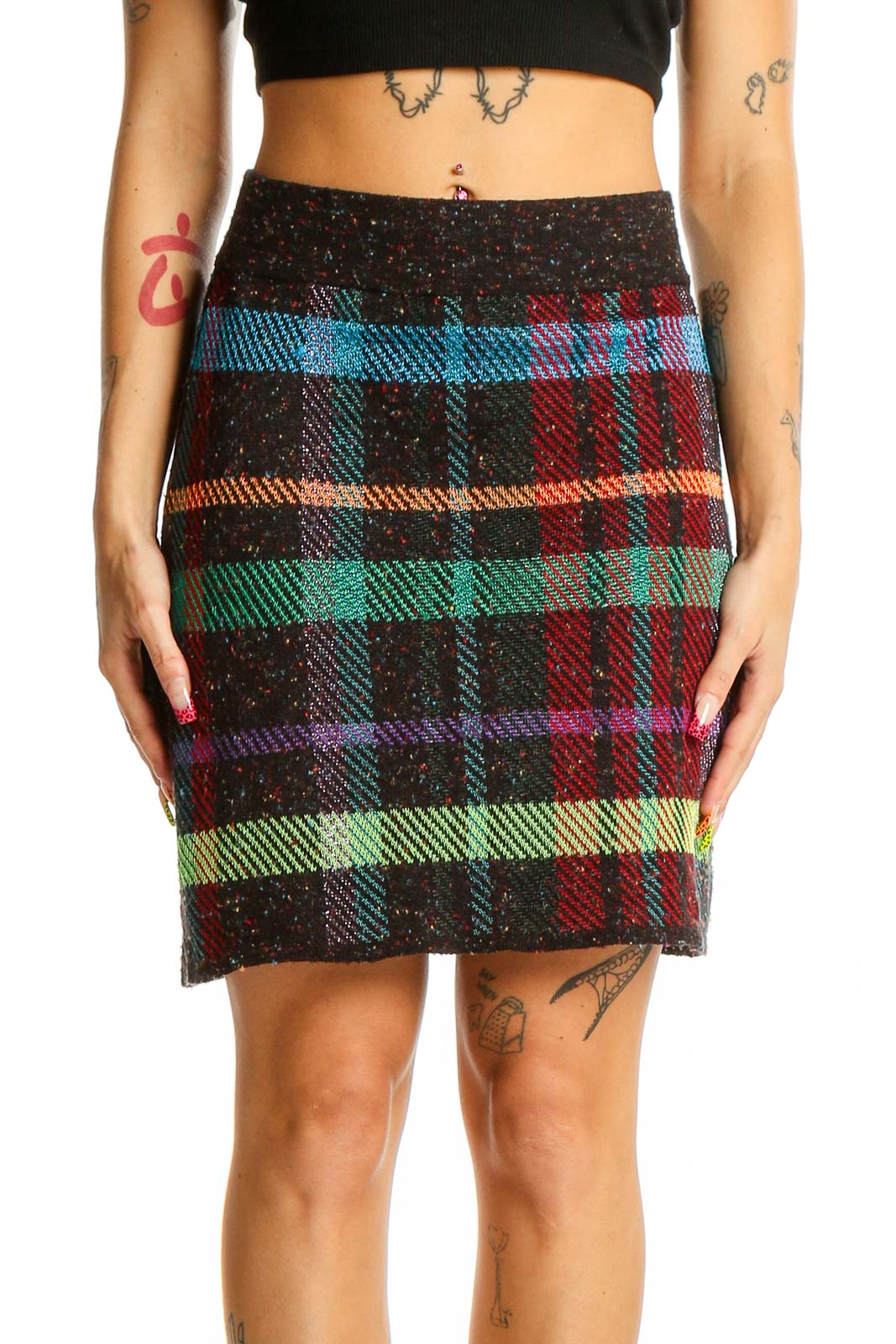 Multicolor Plaid Knit Mini Skirt Front
