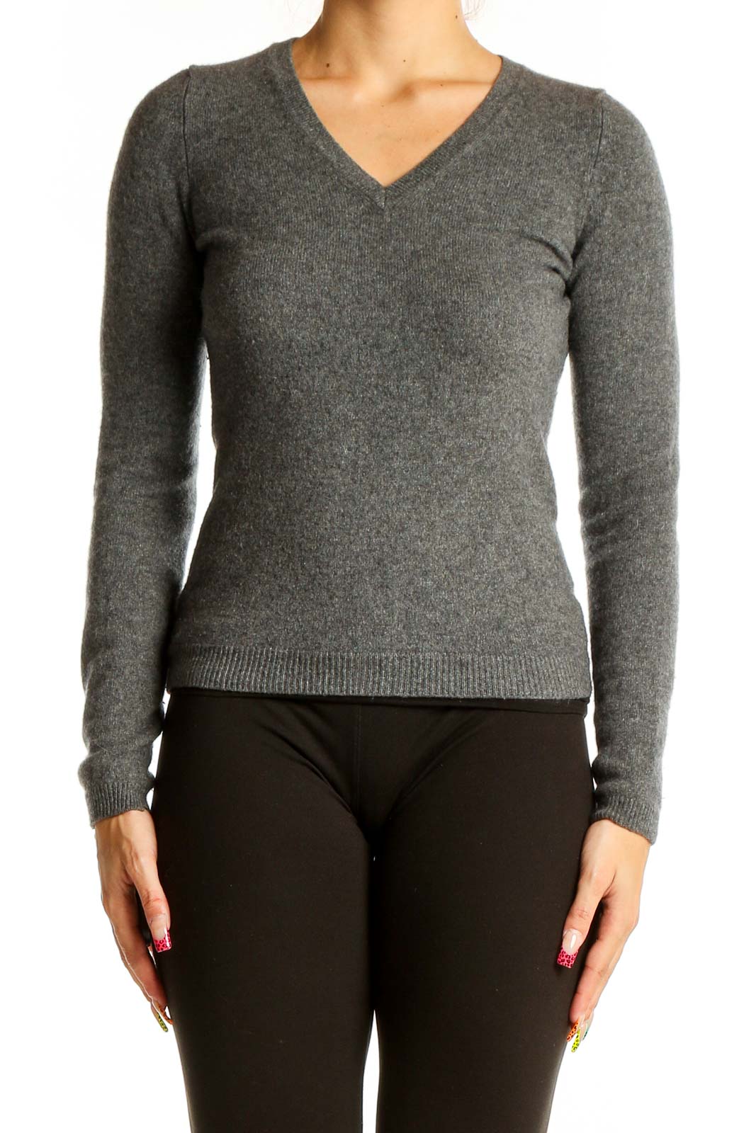 Gray V-Neck Cashmere Sweater Front