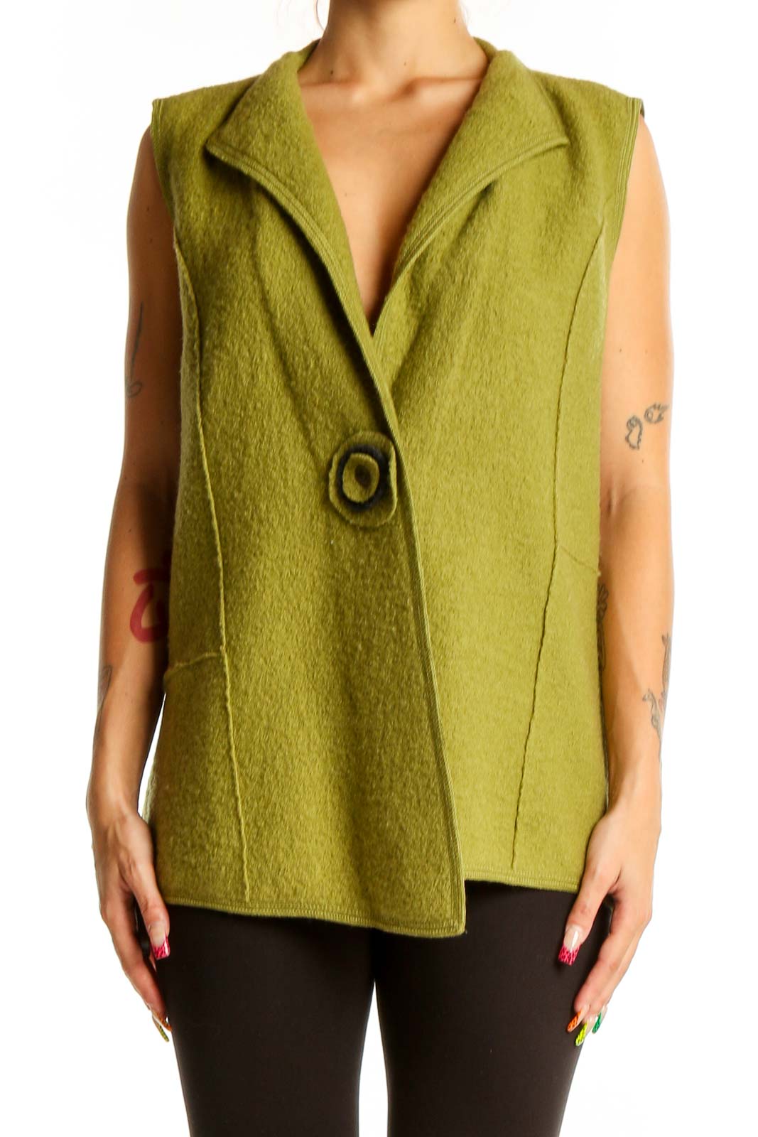 Olive Wool Sleeveless Vest Front