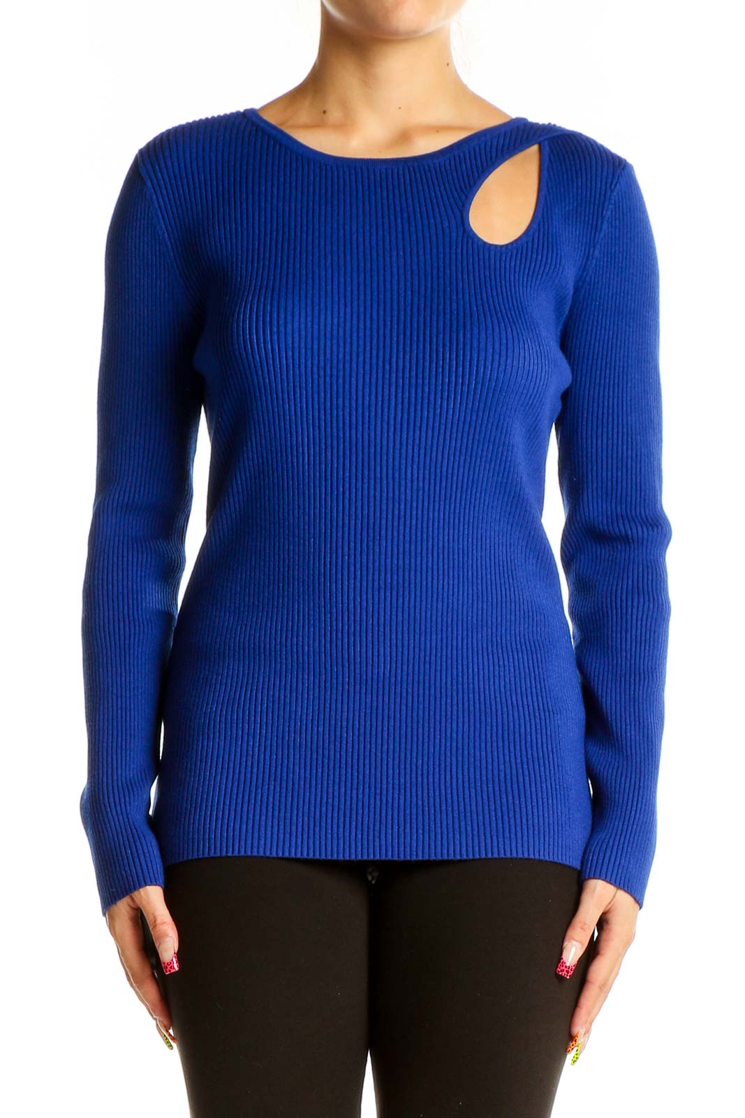 Royal Blue Ribbed Cutout Sweater Front