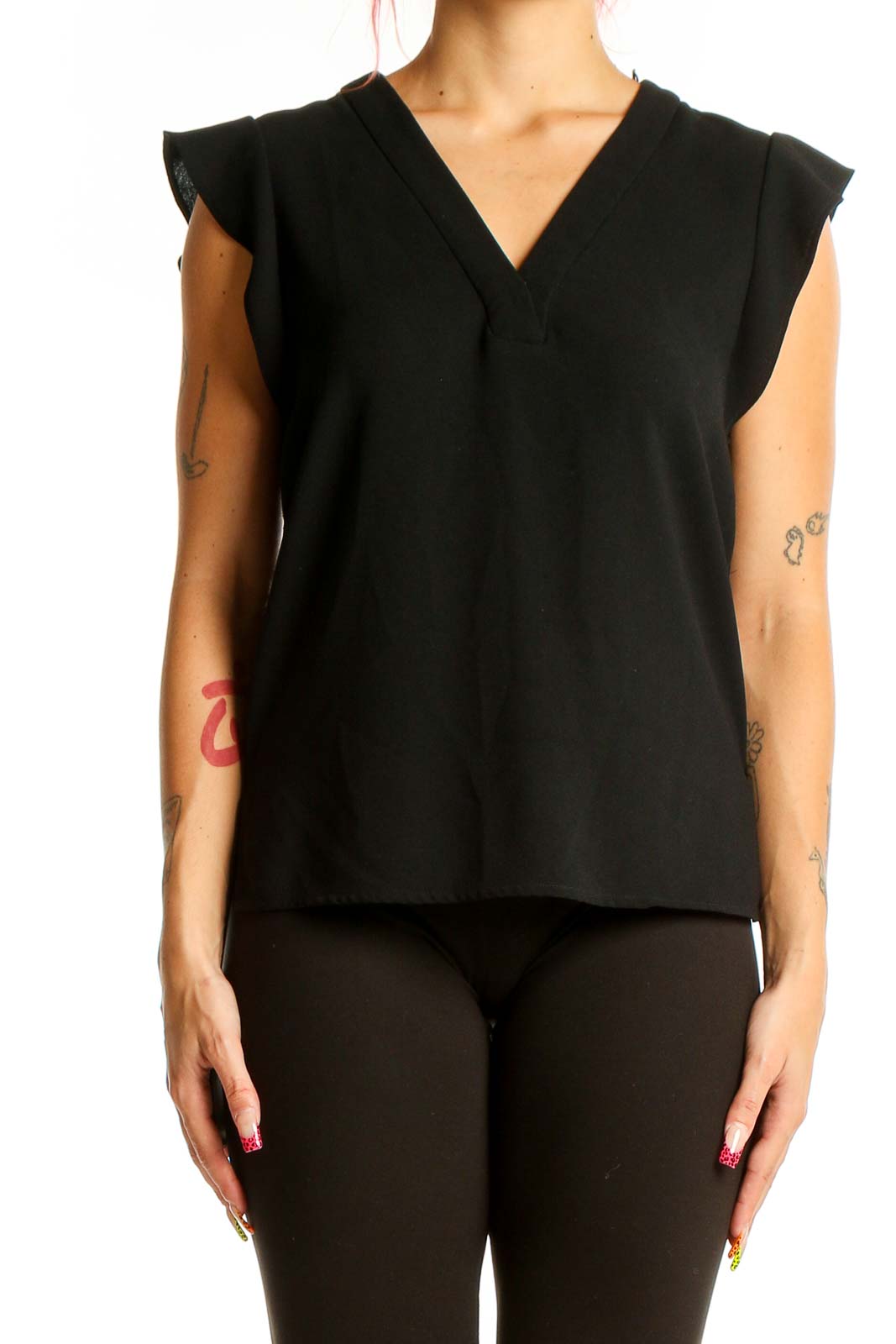 Black V-Neck Sleeveless Blouse Front