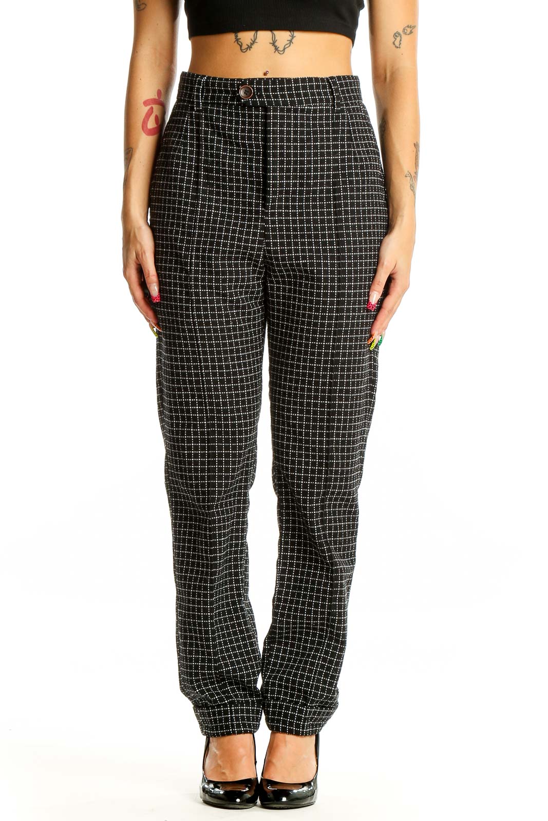 Black Grid Pattern Wool Blend Trousers Front