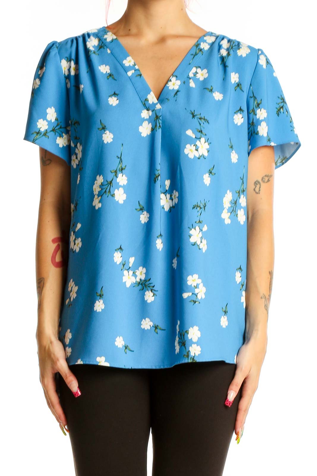Blue Floral Short-Sleeve V-Neck Blouse Front