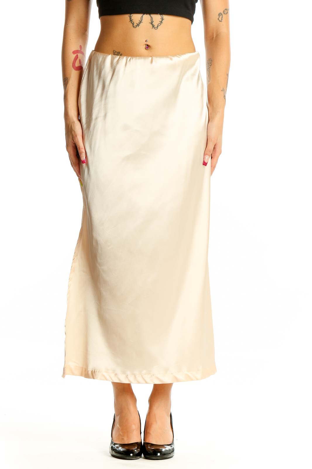 Cream Satin Maxi Skirt Front