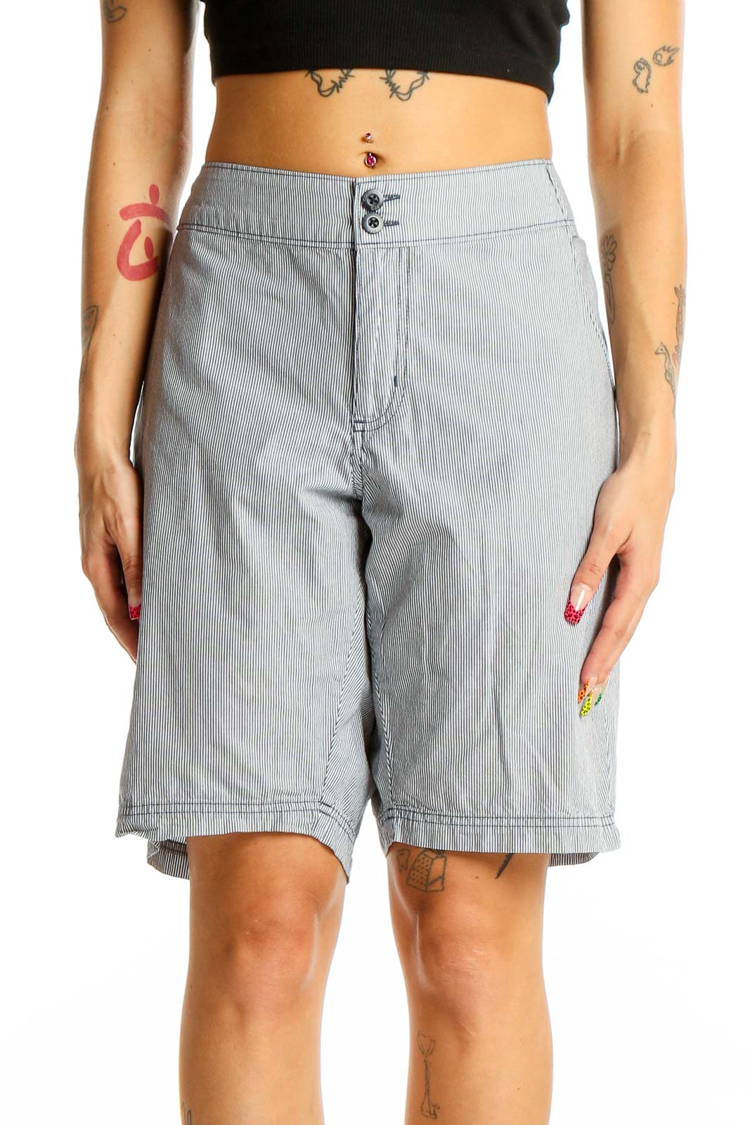 Gray Striped Cotton Bermuda Shorts Front