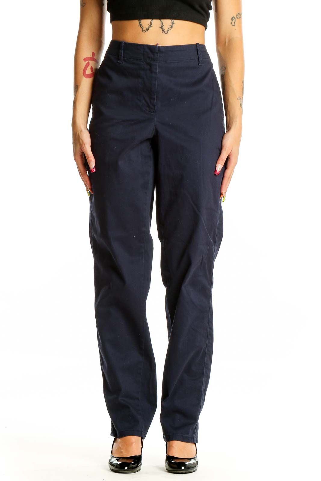 Navy Cotton Blend Straight Leg Pants Front