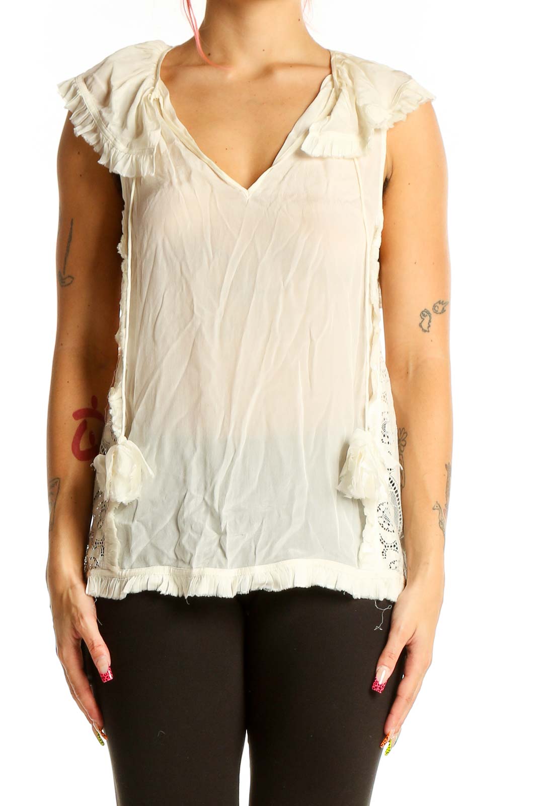 Cream Ruffled V-Neck Sleeveless Blouse Front