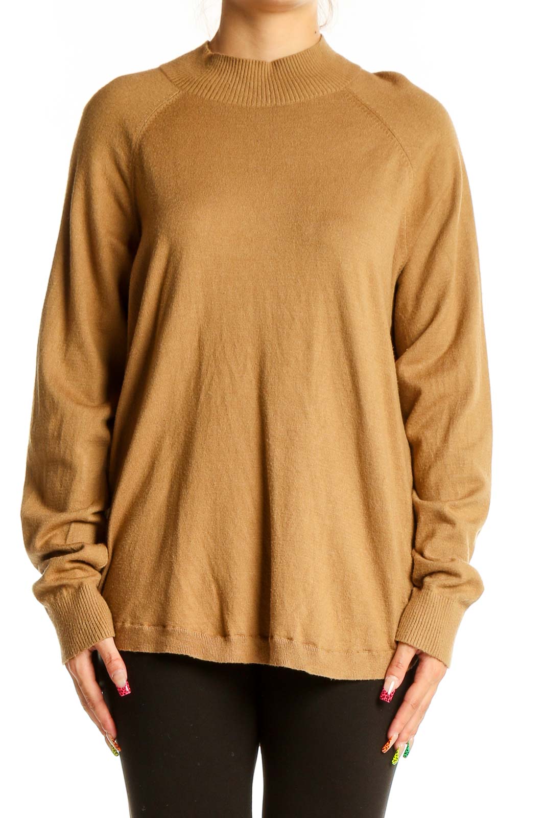 Camel Mock Neck Raglan Sleeve Sweater Front