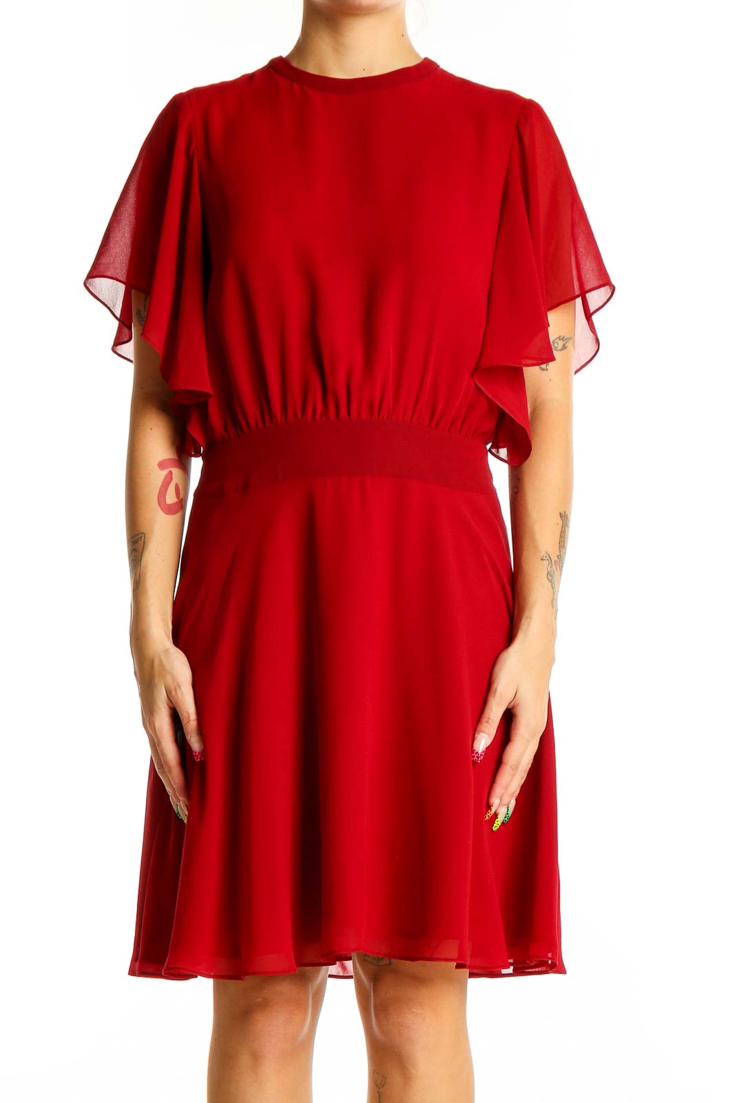 Red Flowy Chiffon Cocktail Dress Front