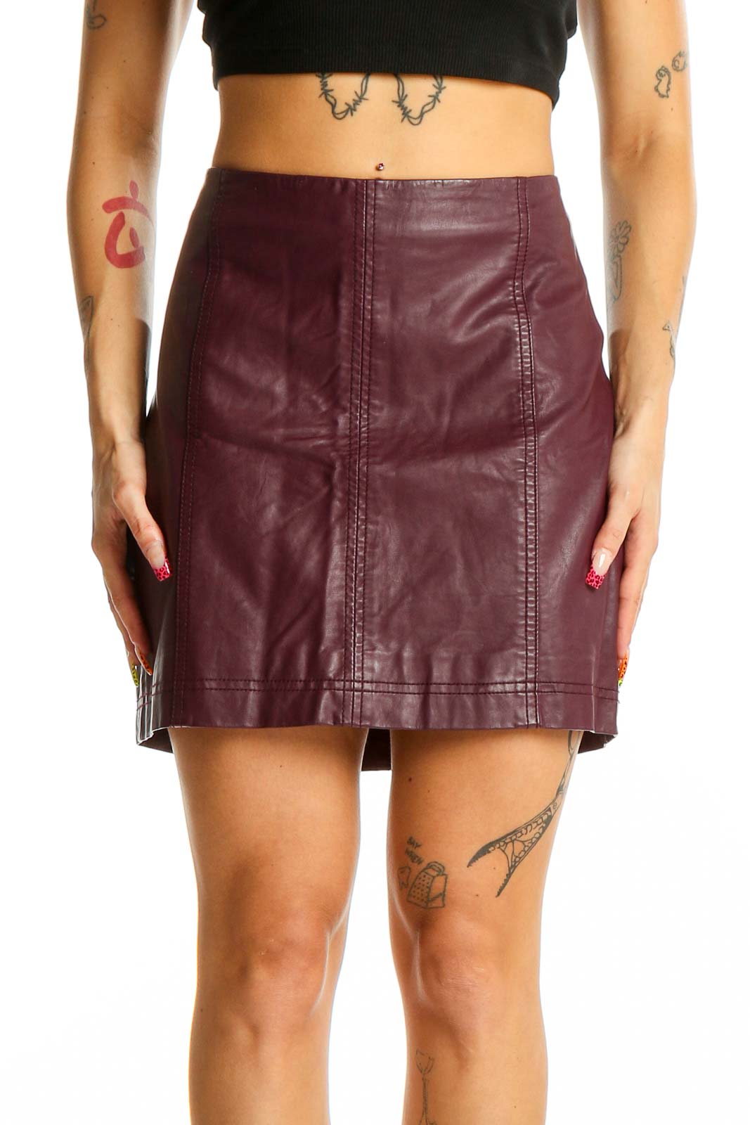 Burgundy Leather Mini Skirt Front
