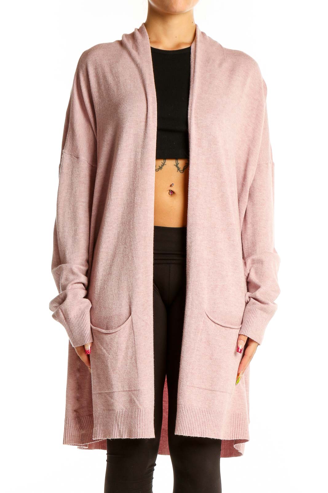 Pink Long Open Front Cardigan Front