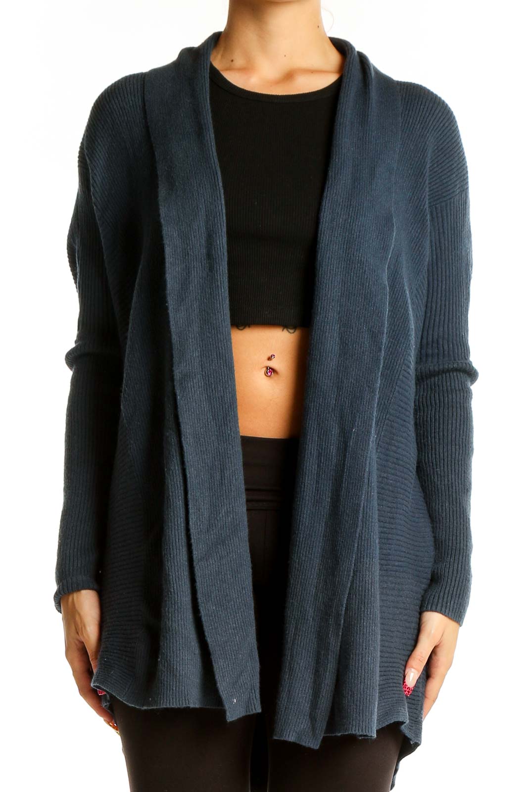 Navy Ribbed Open-Front Cardigan Front