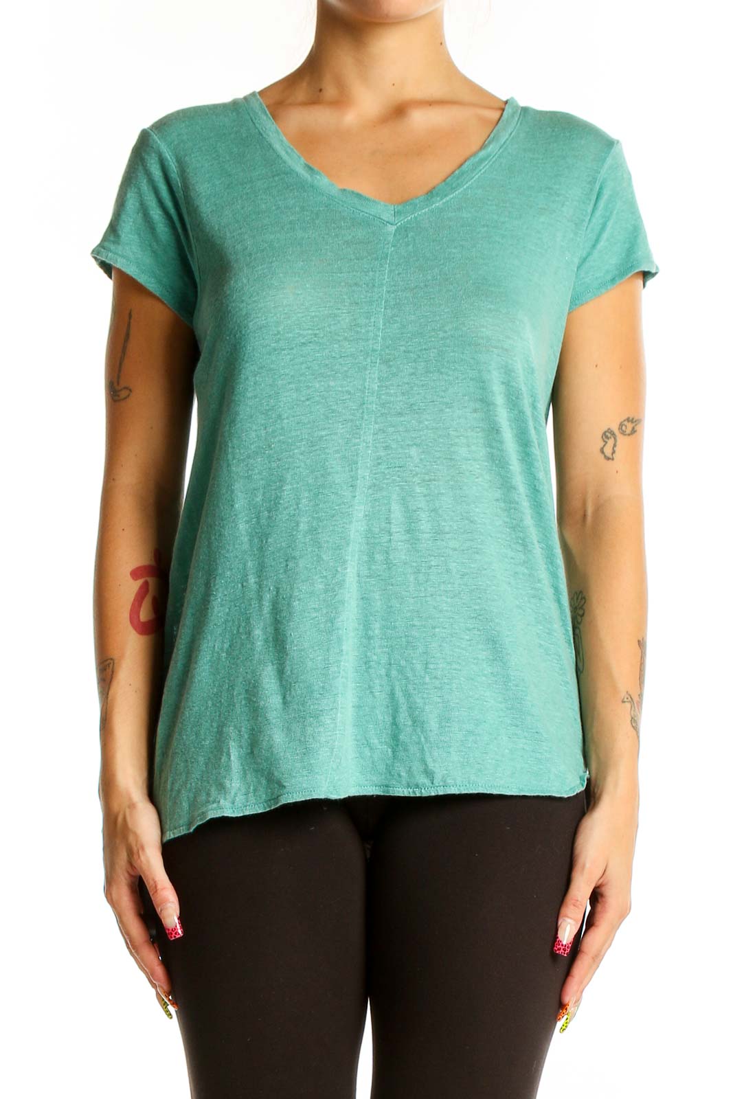 Mint Green Linen V-Neck T-Shirt Front