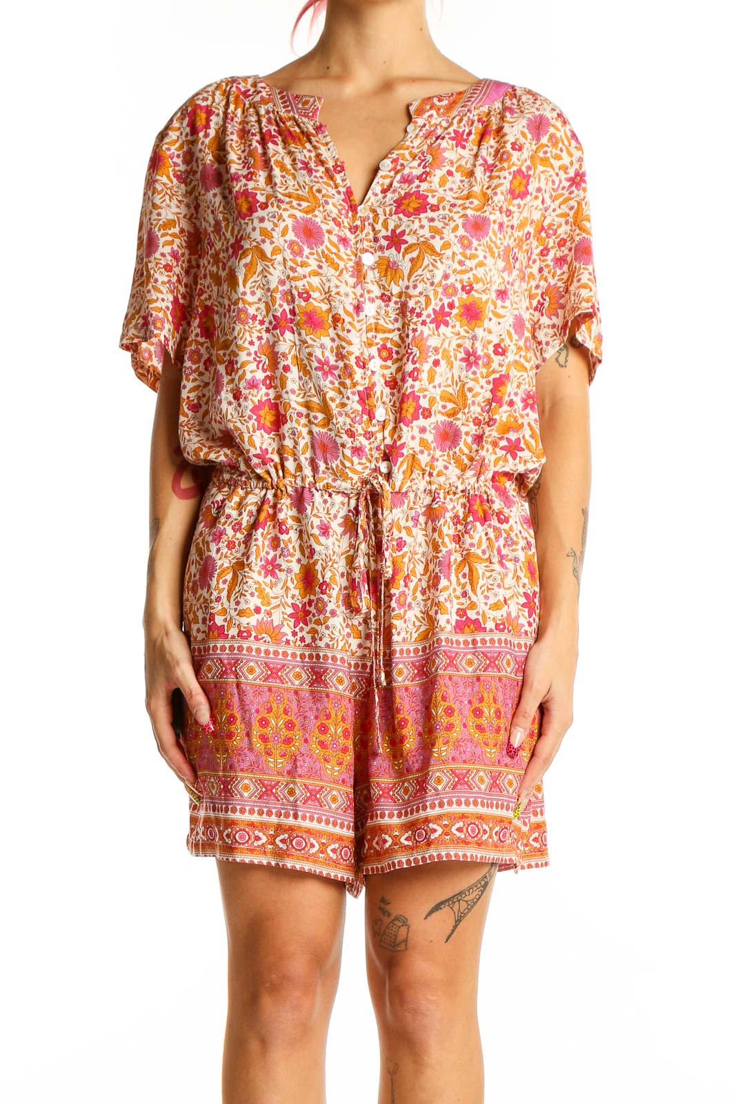 Pink Floral Rayon Romper Front