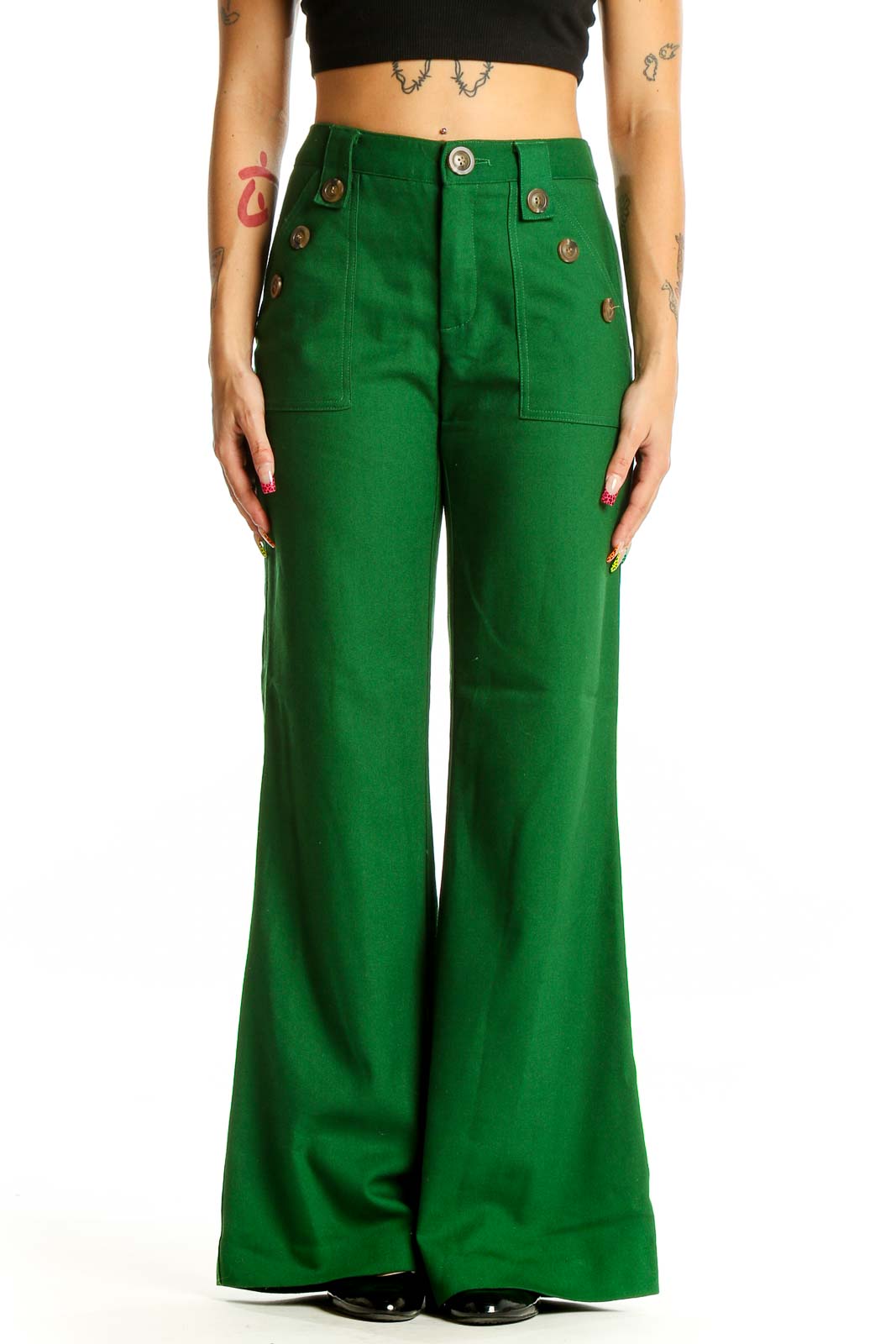 Green Retro Wide Leg Pants Front