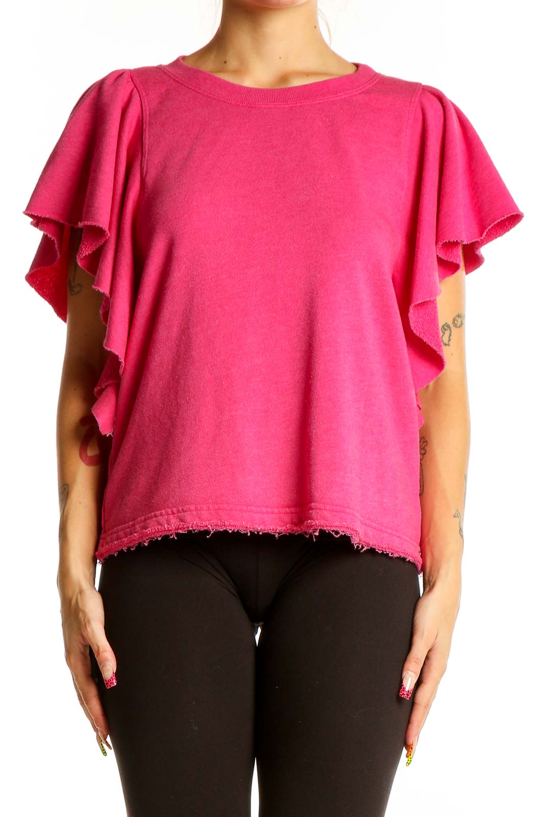 Hot Pink Ruffled Sleeve Cotton Blend Top Front