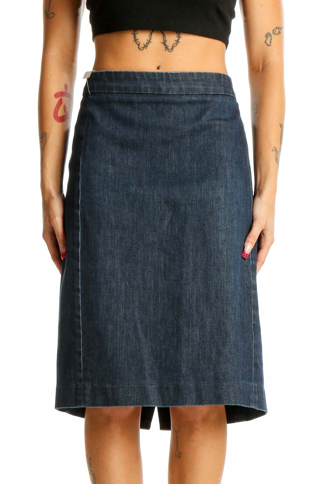 Dark Blue Denim A-Line Midi Skirt Front